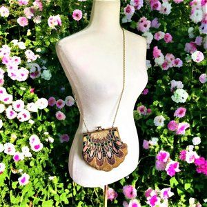 Vintage Dazzling Peacock-like Design Vibrant Beaded Evening Bag Excellent Cond